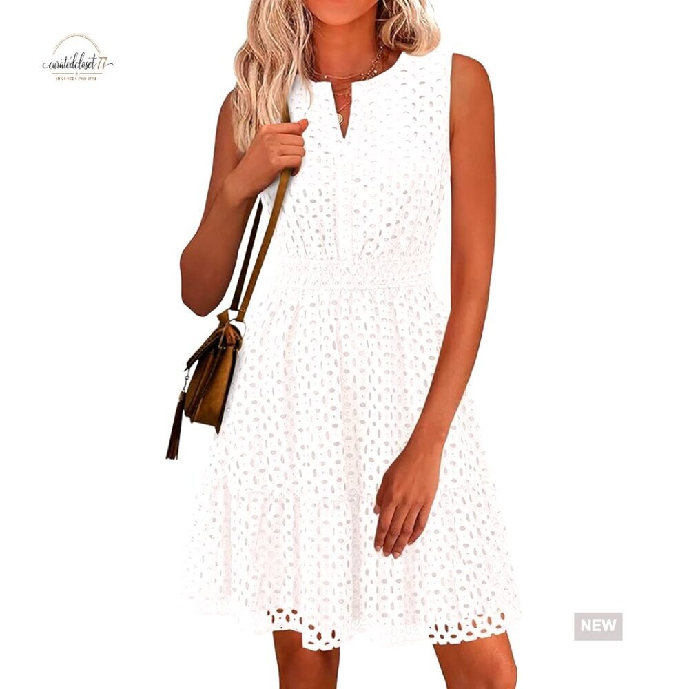 Sleeveless V-Neck Eyelet A-Line Summer Dress, OEKO-TEX Certified Cotton